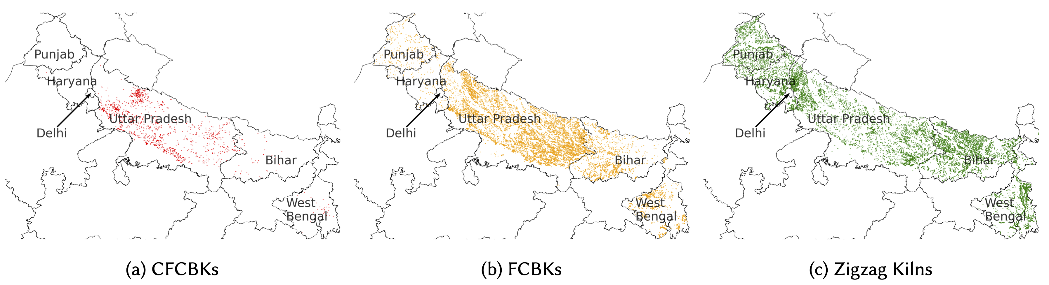 A map showing the density of detected brick kilns across the Indo-Gangetic plain.