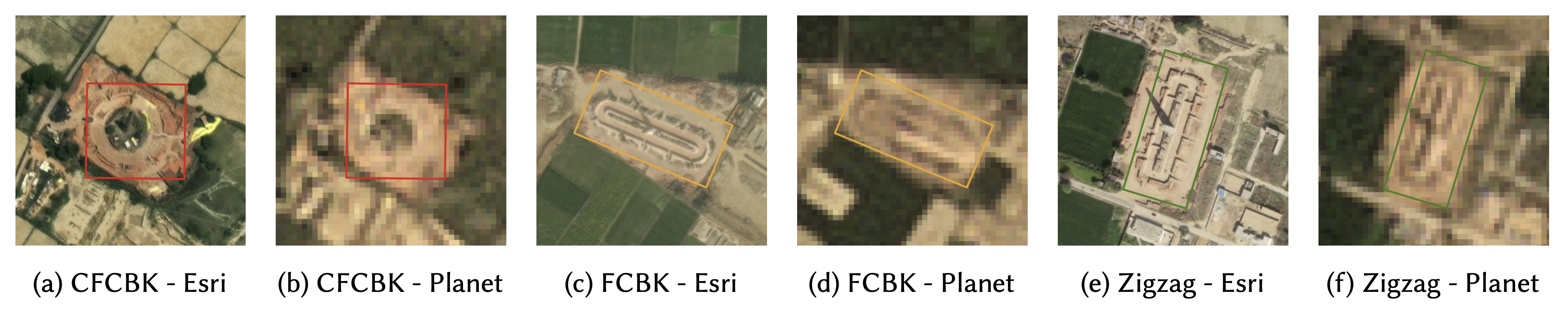 Satellite images showing the visual differences between FCBK and Zigzag kilns.